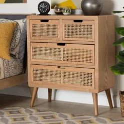 Kirkland's Home Oak And Rattan 4-Drawer Chest- Dressers & Chests