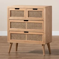 Kirkland's Home Oak And Rattan 4-Drawer Chest- Dressers & Chests
