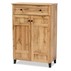 Kirkland's Home Oak 2-Door Grid Shoe Storage Cabinet- Entryway Furniture