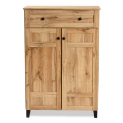 Kirkland's Home Oak 2-Door Grid Shoe Storage Cabinet- Entryway Furniture