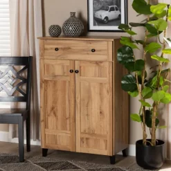Kirkland's Home Oak 2-Door Grid Shoe Storage Cabinet- Entryway Furniture