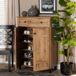 Kirkland's Home Oak 2-Door Grid Shoe Storage Cabinet- Entryway Furniture