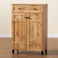 Kirkland's Home Oak 2-Door Grid Shoe Storage Cabinet- Entryway Furniture