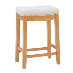 Kirkland's Home Oak Wood Counter Stool With Beige Striped Cushion- Bar Stools & Counter Height Stools