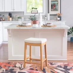 Kirkland's Home Oak Wood Counter Stool With Beige Striped Cushion- Bar Stools & Counter Height Stools