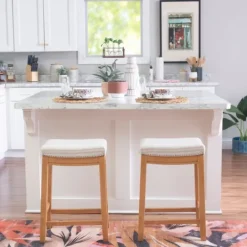 Kirkland's Home Oak Wood Counter Stool With Beige Striped Cushion- Bar Stools & Counter Height Stools