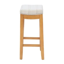 Kirkland's Home Oak Wood Counter Stool With Beige Striped Cushion- Bar Stools & Counter Height Stools