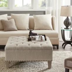 Kirkland's Home Oatmeal Tufted Square Ottoman- Benches & Ottomans