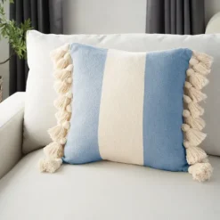 Kirkland's Home Ocean And Ivory Striped Tassel Pillow- Pillows