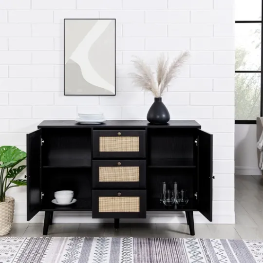 Kirkland's Home Onyx Wood And Natural Rattan Doors Sideboard- Cabinets & Sideboards