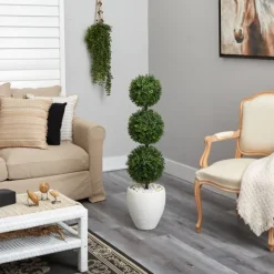 Kirkland's Home Outdoor Ball Boxwood Topiary In White Planter- Trees & Topiaries