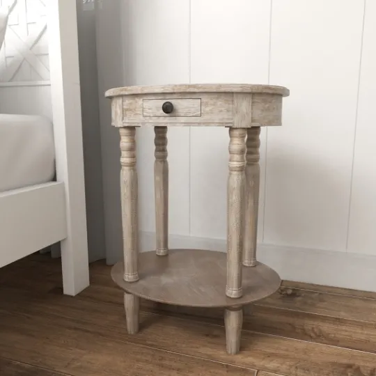 Kirkland's Home Oval Washed Pine Wood Side Table- Accent & End Tables