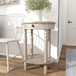 Kirkland's Home Oval Washed Pine Wood Side Table- Accent & End Tables