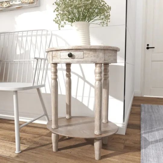 Kirkland's Home Oval Washed Pine Wood Side Table- Accent & End Tables
