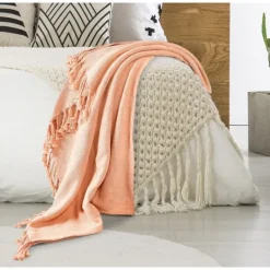 Kirkland's Home Peach Checkered Weave Fringe Throw- Blankets & Throws