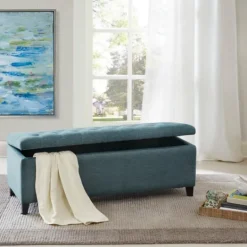 Kirkland's Home Peacock Button Tufted Storage Bench- Benches & Ottomans