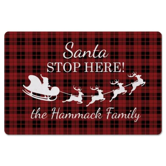 Kirkland's Home Personalized Plaid Santa Stop Here Kitchen Mat- Kitchen & Floor Mats
