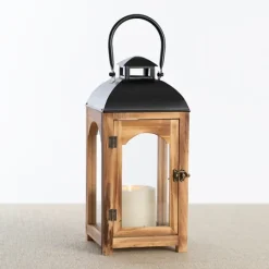 Kirkland's Home Pine Wood And Black Metal Lantern, 16 In.- Lanterns