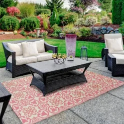 Kirkland's Home Pink And Cream Floral Tile Outdoor Area Rug, 4X6- Outdoor Rugs