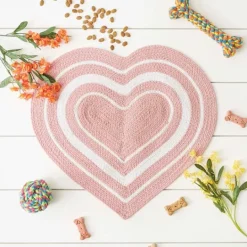 Kirkland's Home Pink Striped Heart Pet Bowl Mat- Kitchen & Floor Mats