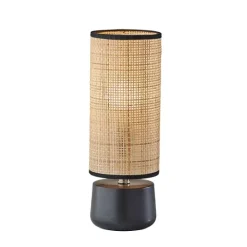 Kirkland's Home Rattan Cylinder Shade Black Base Table Lamp- Table Lamps