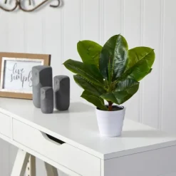 Kirkland's Home Real Touch Rubber Leaf In Ribbed White Planter- Arrangements & Greenery