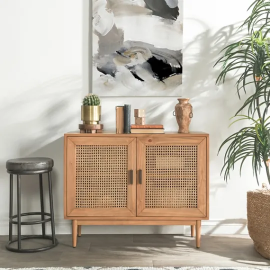 Kirkland's Home Reclaimed Pine And Woven Cane Cabinet- Cabinets & Sideboards