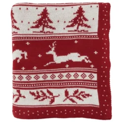 Kirkland's Home Red And White Stripe Reindeer Christmas Knit Throw- Blankets & Throws
