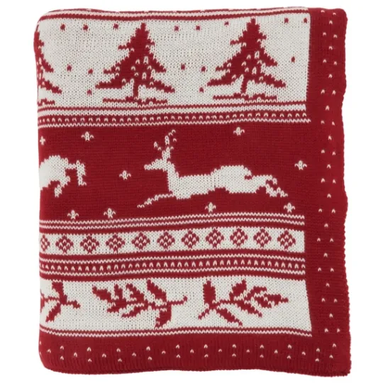 Kirkland's Home Red And White Stripe Reindeer Christmas Knit Throw- Blankets & Throws