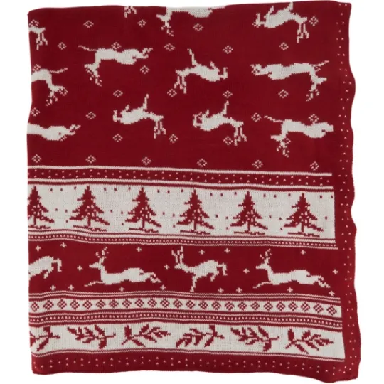 Kirkland's Home Red And White Stripe Reindeer Christmas Knit Throw- Blankets & Throws