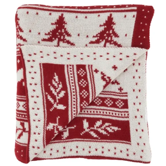 Kirkland's Home Red And White Stripe Reindeer Christmas Knit Throw- Blankets & Throws