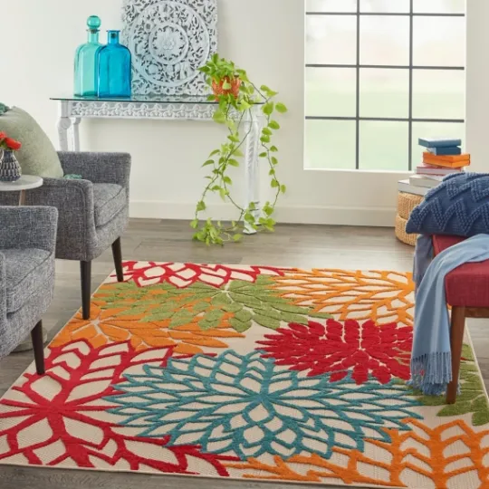 Kirkland's Home Red Bright Floral Burst Outdoor Area Rug, 5X7- Outdoor Rugs