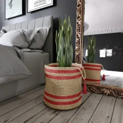 Kirkland's Home Red Double Stripe Jute Basket With Handles, 17 In.- Baskets & Boxes