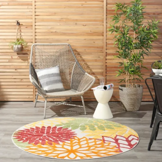 Kirkland's Home Red Floral Burst Outdoor Round Area Rug, 5 Ft.- Outdoor Rugs