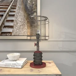 Kirkland's Home Red Iron Cage Shade Edison Table Lamp- Table Lamps
