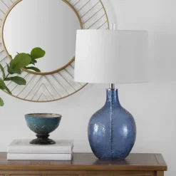 Kirkland's Home Round Blue Textured Glass Table Lamp- Table Lamps