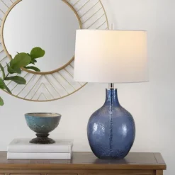 Kirkland's Home Round Blue Textured Glass Table Lamp- Table Lamps