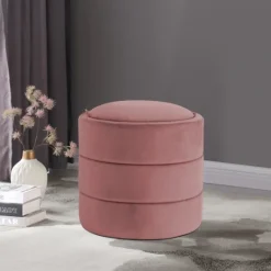 Kirkland's Home Round Blush Velvet Storage Ottoman- Benches & Ottomans