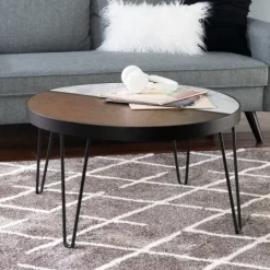 Kirkland's Home Round Brown Wood And White Marble Top Coffee Table- Coffee Tables