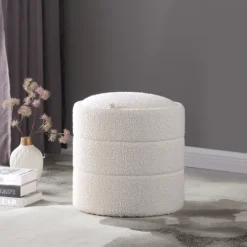 Kirkland's Home Round Cream Boucle Storage Ottoman- Benches & Ottomans
