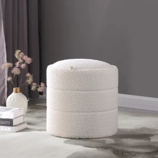 Kirkland's Home Round Cream Boucle Storage Ottoman- Benches & Ottomans