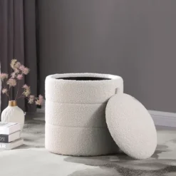 Kirkland's Home Round Cream Boucle Storage Ottoman- Benches & Ottomans
