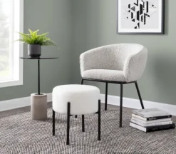 Kirkland's Home Round Cream Upholstered Metal Base Ottoman- Benches & Ottomans