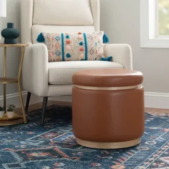 Kirkland's Home Round Faux Leather Storage Ottoman- Benches & Ottomans