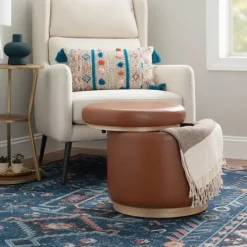Kirkland's Home Round Faux Leather Storage Ottoman- Benches & Ottomans