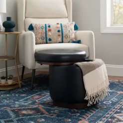 Kirkland's Home Round Faux Leather Storage Ottoman- Benches & Ottomans