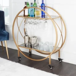 Kirkland's Home Round Gold Mirrored Shelves Bar Cart- Kitchen Islands & Bar Carts