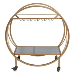 Kirkland's Home Round Gold Mirrored Shelves Bar Cart- Kitchen Islands & Bar Carts