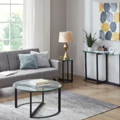 Kirkland's Home Round Tempered Glass Hourglass Base Coffee Table- Coffee Tables