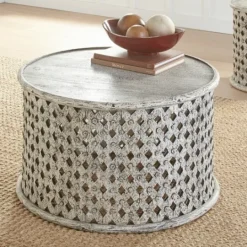 Kirkland's Home Round White Wood Lattice Coffee Table- Coffee Tables